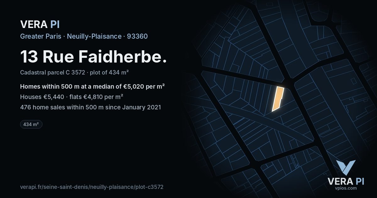 13 Rue Faidherbe, Neuilly-Plaisance at night – the plot lit, the parcels around coloured by the prices near them