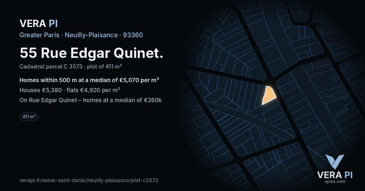 55 Rue Edgar Quinet, Neuilly-Plaisance at night – the plot lit, the parcels around coloured by the prices near them