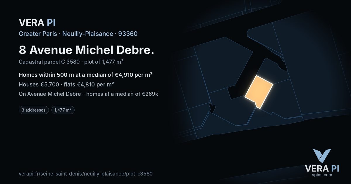 8 Avenue Michel Debre, Neuilly-Plaisance at night – the plot lit, the parcels around coloured by the prices near them