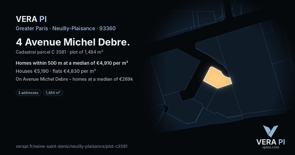 4 Avenue Michel Debre, Neuilly-Plaisance at night – the plot lit, the parcels around coloured by the prices near them