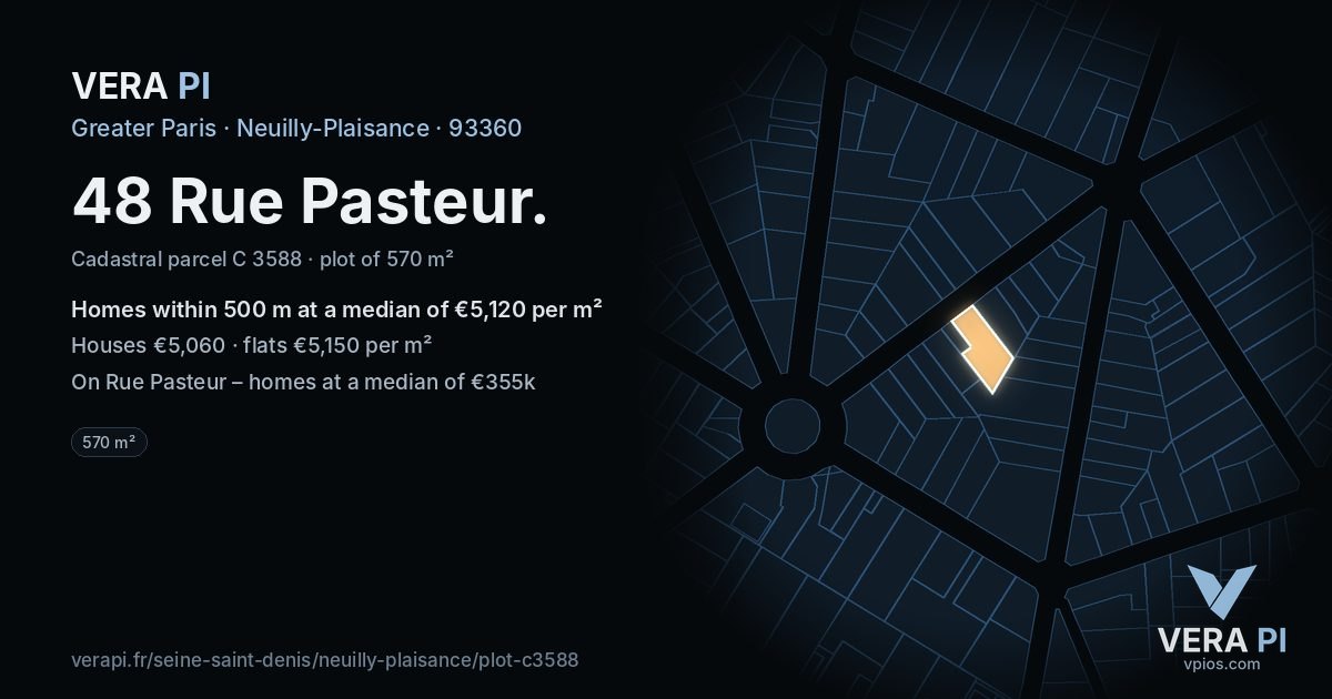 48 Rue Pasteur, Neuilly-Plaisance at night – the plot lit, the parcels around coloured by the prices near them