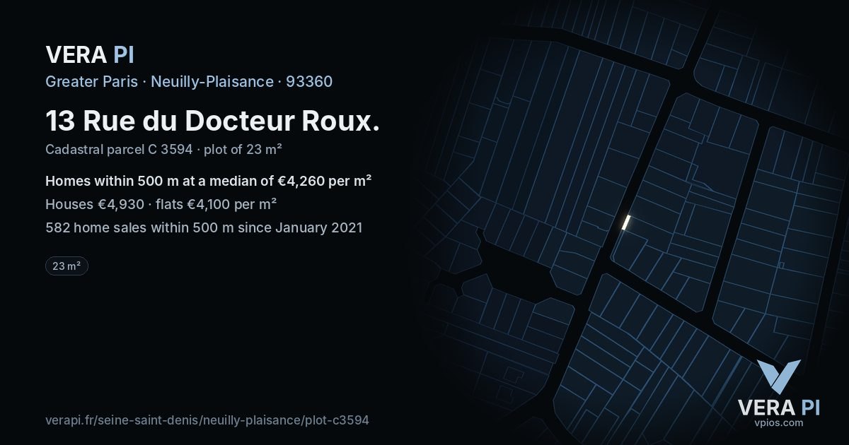 13 Rue du Docteur Roux, Neuilly-Plaisance at night – the plot lit, the parcels around coloured by the prices near them