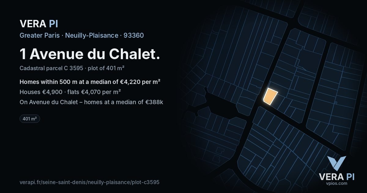 1 Avenue du Chalet, Neuilly-Plaisance at night – the plot lit, the parcels around coloured by the prices near them
