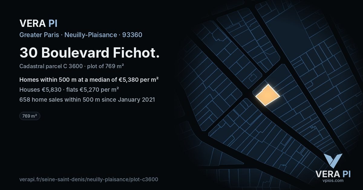 30 Boulevard Fichot, Neuilly-Plaisance at night – the plot lit, the parcels around coloured by the prices near them
