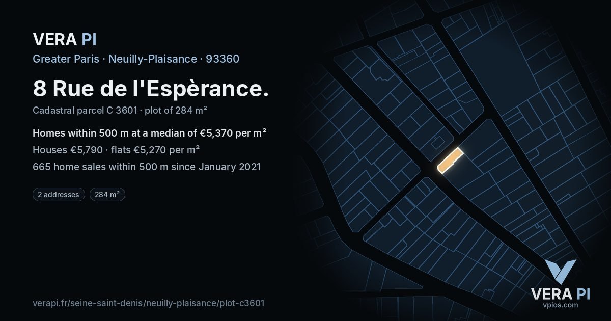 8 Rue de l'Espèrance, Neuilly-Plaisance at night – the plot lit, the parcels around coloured by the prices near them