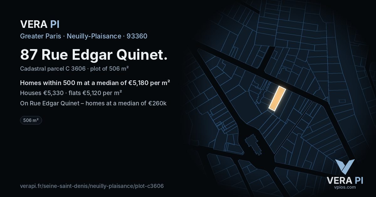 87 Rue Edgar Quinet, Neuilly-Plaisance at night – the plot lit, the parcels around coloured by the prices near them