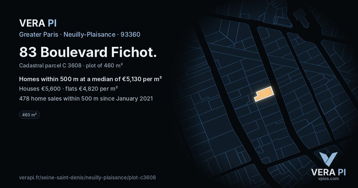 83 Boulevard Fichot, Neuilly-Plaisance at night – the plot lit, the parcels around coloured by the prices near them