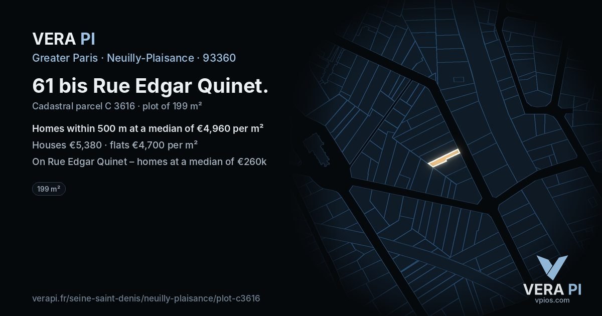 61 bis Rue Edgar Quinet, Neuilly-Plaisance at night – the plot lit, the parcels around coloured by the prices near them