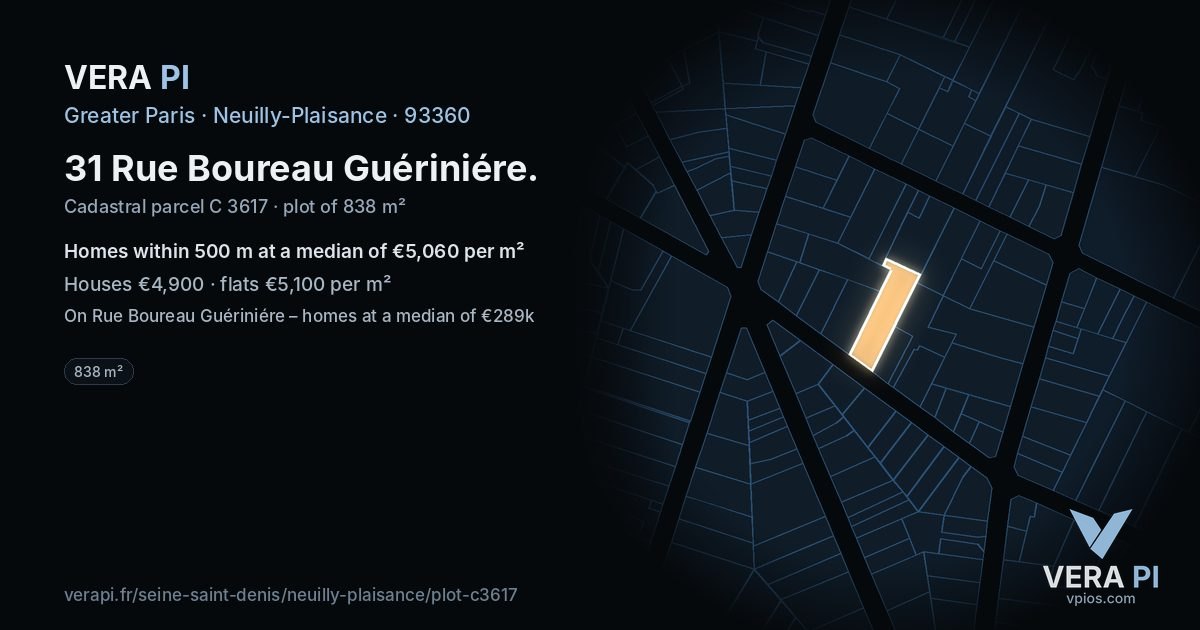 31 Rue Boureau Guériniére, Neuilly-Plaisance at night – the plot lit, the parcels around coloured by the prices near them