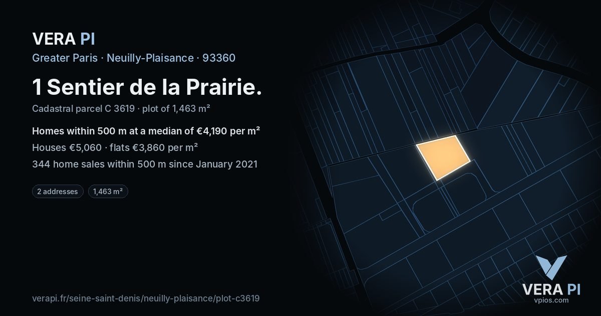 1 Sentier de la Prairie, Neuilly-Plaisance at night – the plot lit, the parcels around coloured by the prices near them