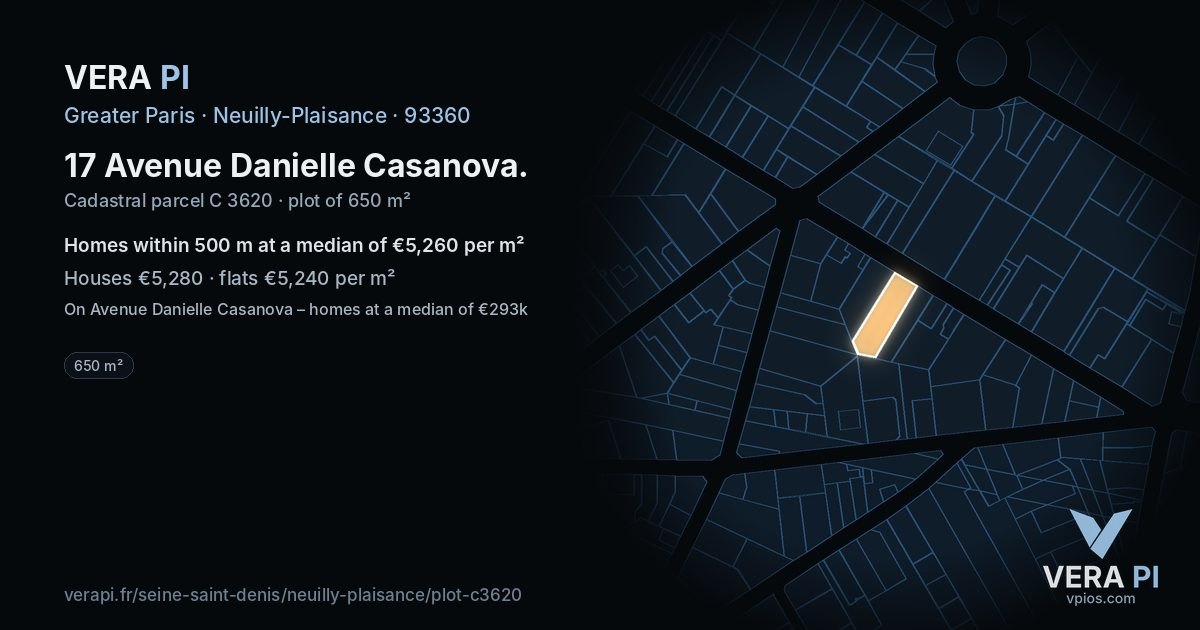 17 Avenue Danielle Casanova, Neuilly-Plaisance at night – the plot lit, the parcels around coloured by the prices near them