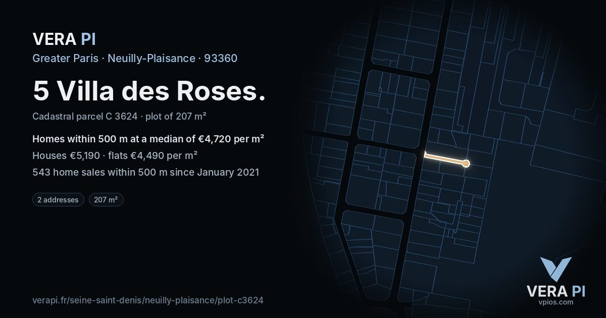 5 Villa des Roses, Neuilly-Plaisance at night – the plot lit, the parcels around coloured by the prices near them