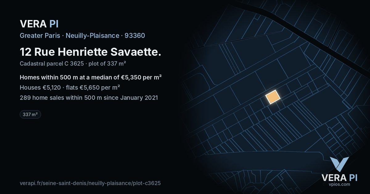 12 Rue Henriette Savaette, Neuilly-Plaisance at night – the plot lit, the parcels around coloured by the prices near them
