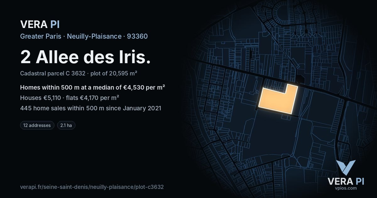 2 Allee des Iris, Neuilly-Plaisance at night – the plot lit, the parcels around coloured by the prices near them