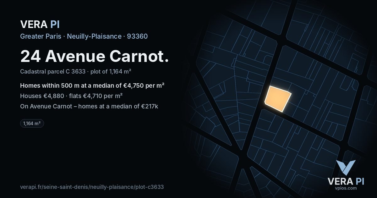 24 Avenue Carnot, Neuilly-Plaisance at night – the plot lit, the parcels around coloured by the prices near them
