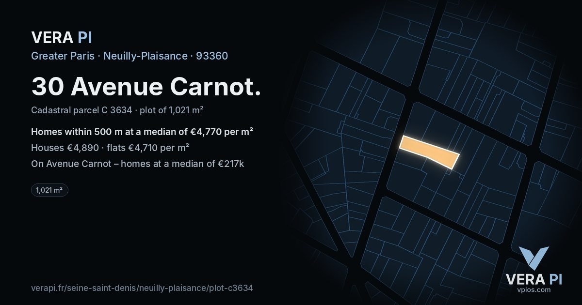 30 Avenue Carnot, Neuilly-Plaisance at night – the plot lit, the parcels around coloured by the prices near them