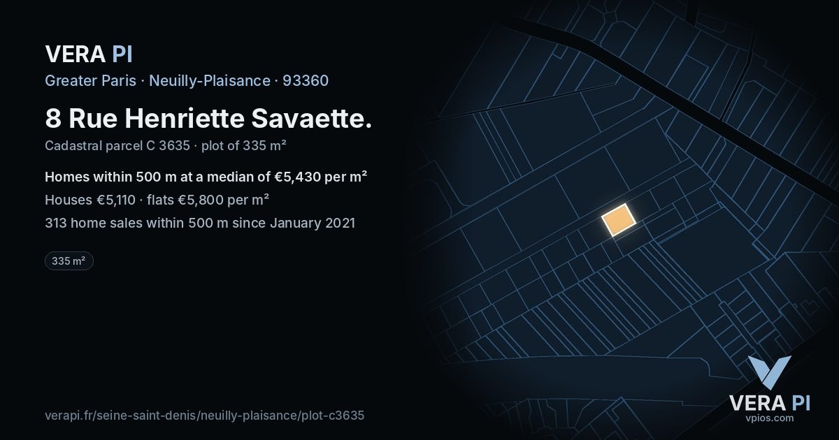 8 Rue Henriette Savaette, Neuilly-Plaisance at night – the plot lit, the parcels around coloured by the prices near them