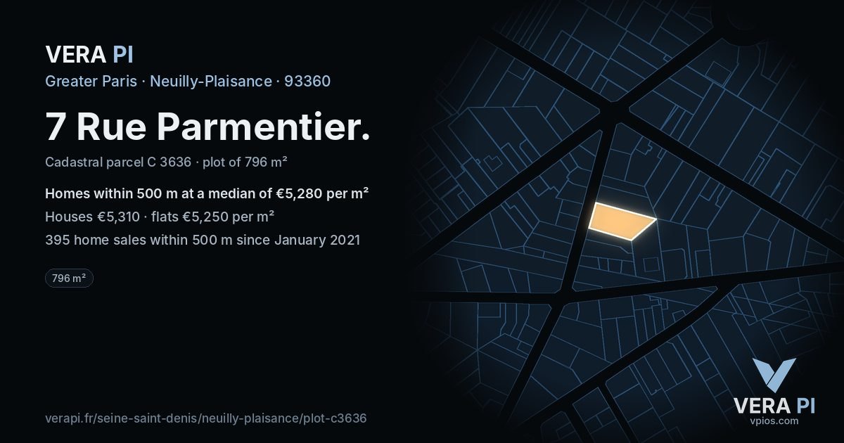 7 Rue Parmentier, Neuilly-Plaisance at night – the plot lit, the parcels around coloured by the prices near them