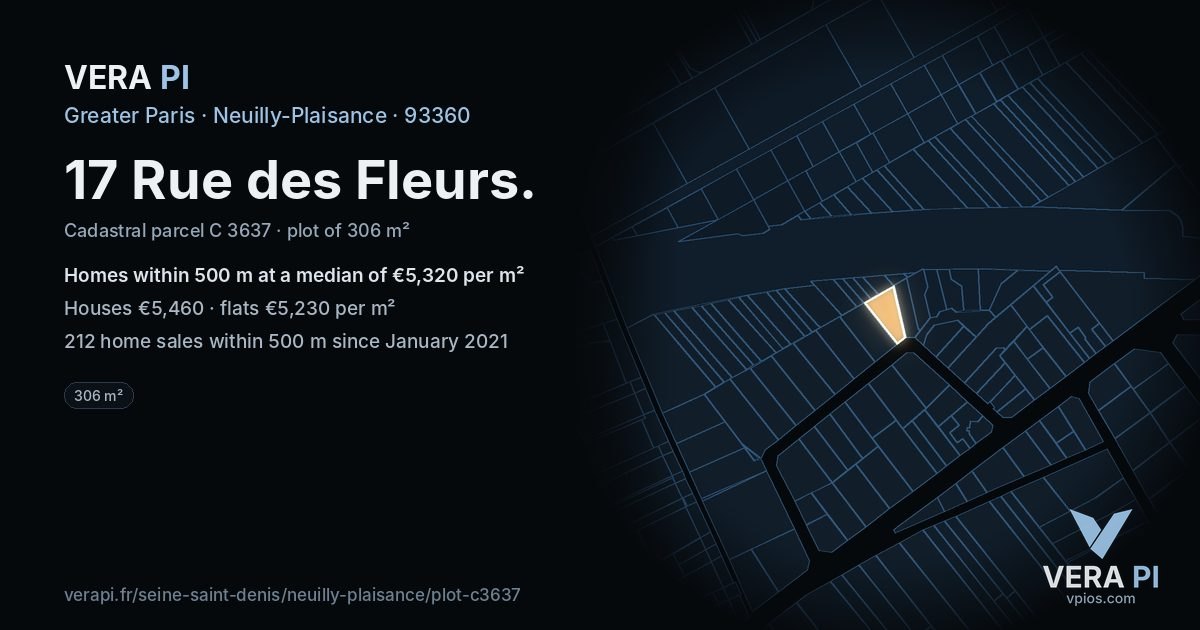 17 Rue des Fleurs, Neuilly-Plaisance at night – the plot lit, the parcels around coloured by the prices near them