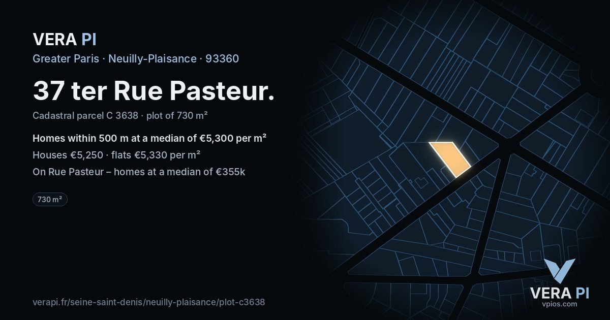 37 ter Rue Pasteur, Neuilly-Plaisance at night – the plot lit, the parcels around coloured by the prices near them