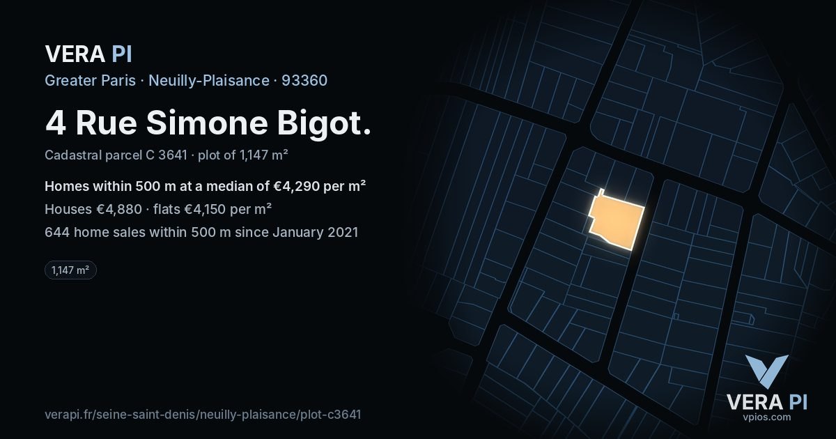 4 Rue Simone Bigot, Neuilly-Plaisance at night – the plot lit, the parcels around coloured by the prices near them