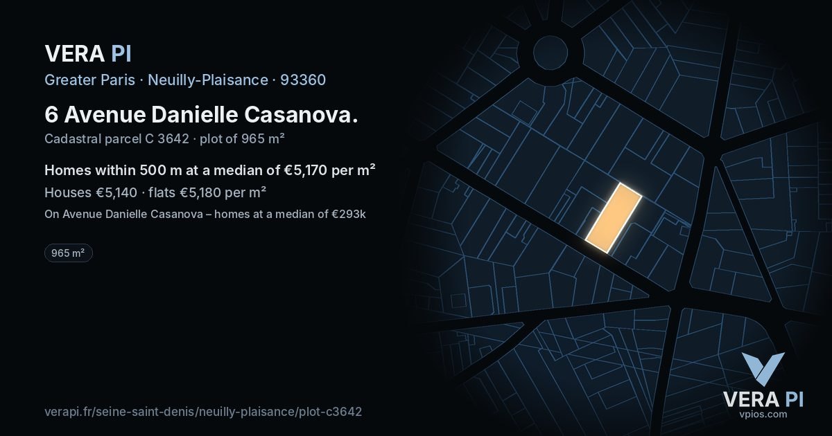 6 Avenue Danielle Casanova, Neuilly-Plaisance at night – the plot lit, the parcels around coloured by the prices near them