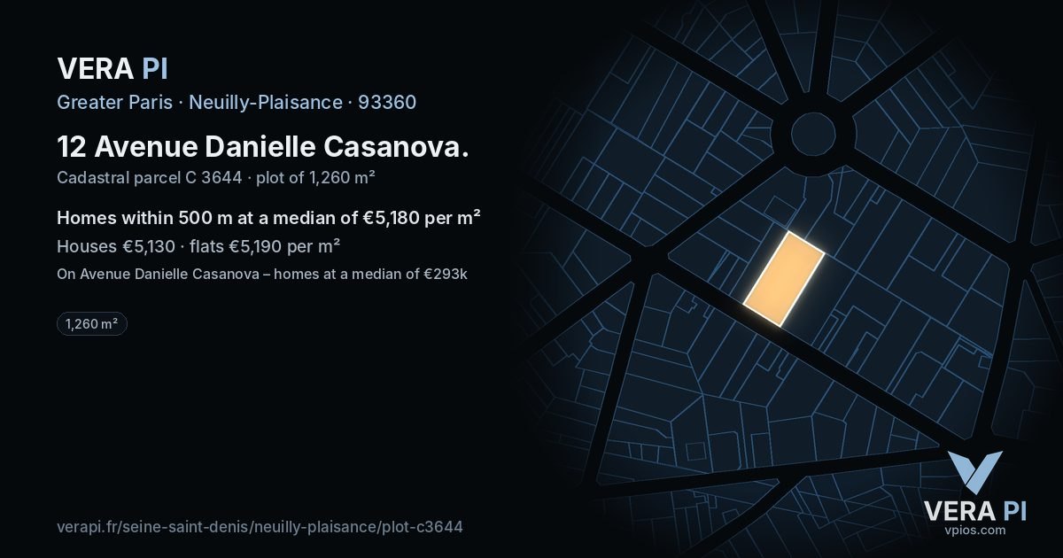 12 Avenue Danielle Casanova, Neuilly-Plaisance at night – the plot lit, the parcels around coloured by the prices near them