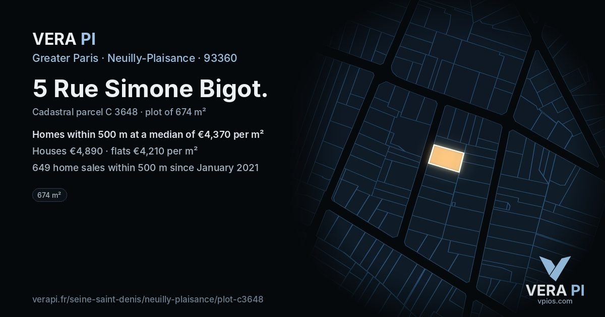 5 Rue Simone Bigot, Neuilly-Plaisance at night – the plot lit, the parcels around coloured by the prices near them
