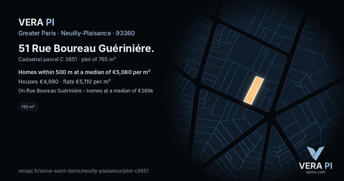 51 Rue Boureau Guériniére, Neuilly-Plaisance at night – the plot lit, the parcels around coloured by the prices near them