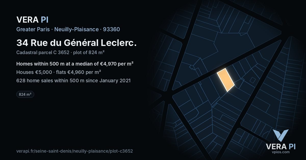 34 Rue du Général Leclerc, Neuilly-Plaisance at night – the plot lit, the parcels around coloured by the prices near them