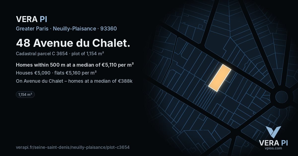 48 Avenue du Chalet, Neuilly-Plaisance at night – the plot lit, the parcels around coloured by the prices near them