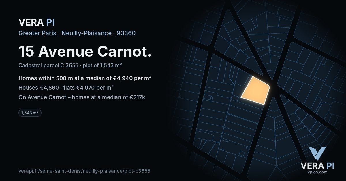 15 Avenue Carnot, Neuilly-Plaisance at night – the plot lit, the parcels around coloured by the prices near them