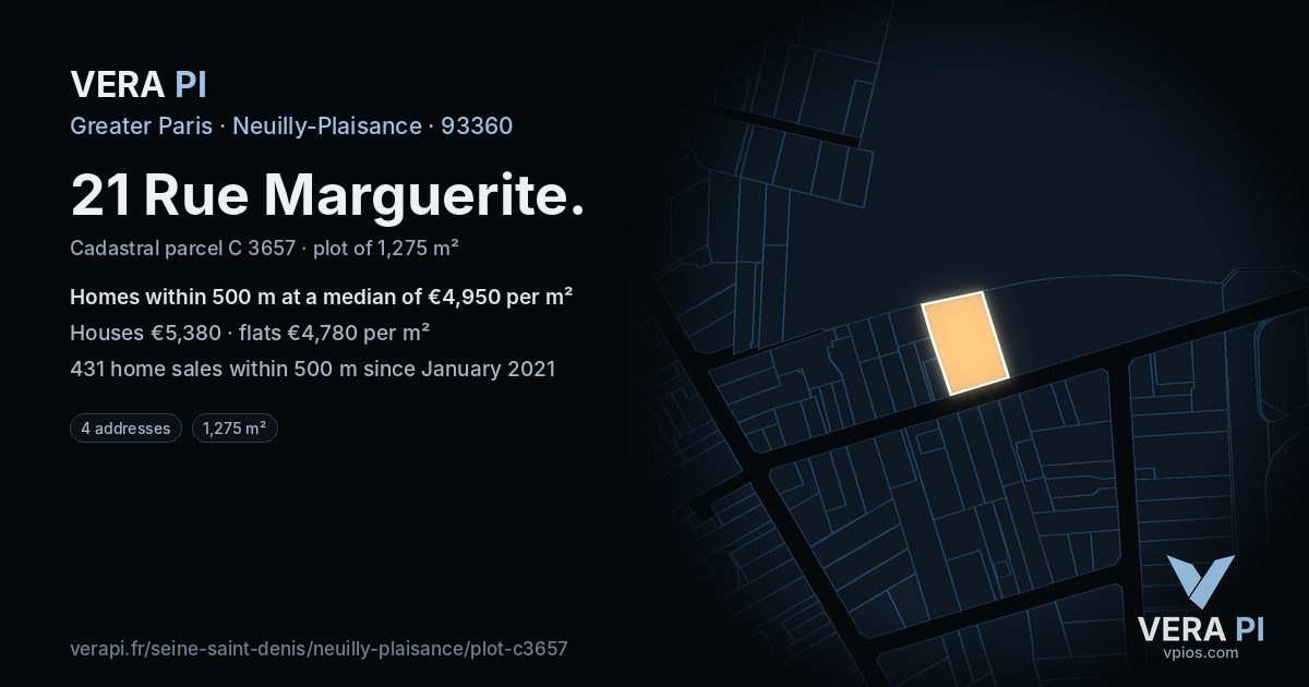 21 Rue Marguerite, Neuilly-Plaisance at night – the plot lit, the parcels around coloured by the prices near them