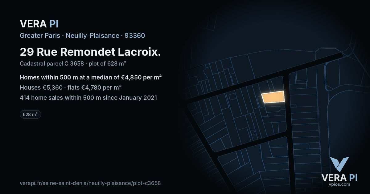 29 Rue Remondet Lacroix, Neuilly-Plaisance at night – the plot lit, the parcels around coloured by the prices near them