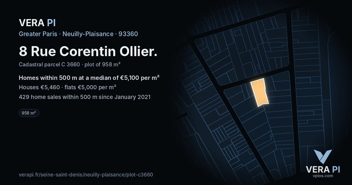 8 Rue Corentin Ollier, Neuilly-Plaisance at night – the plot lit, the parcels around coloured by the prices near them