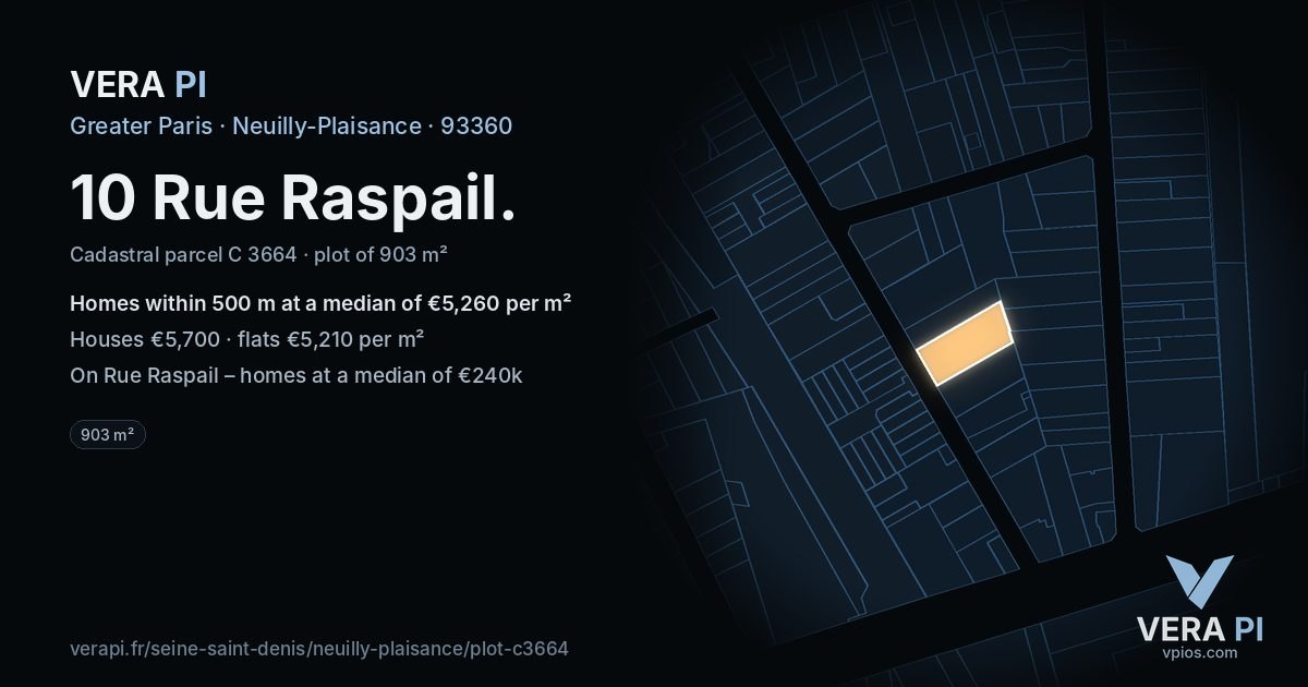 10 Rue Raspail, Neuilly-Plaisance at night – the plot lit, the parcels around coloured by the prices near them