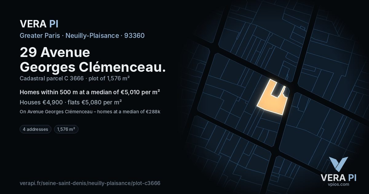 29 Avenue Georges Clémenceau, Neuilly-Plaisance at night – the plot lit, the parcels around coloured by the prices near them