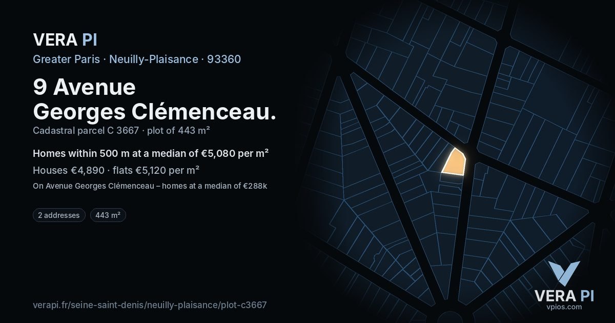 9 Avenue Georges Clémenceau, Neuilly-Plaisance at night – the plot lit, the parcels around coloured by the prices near them