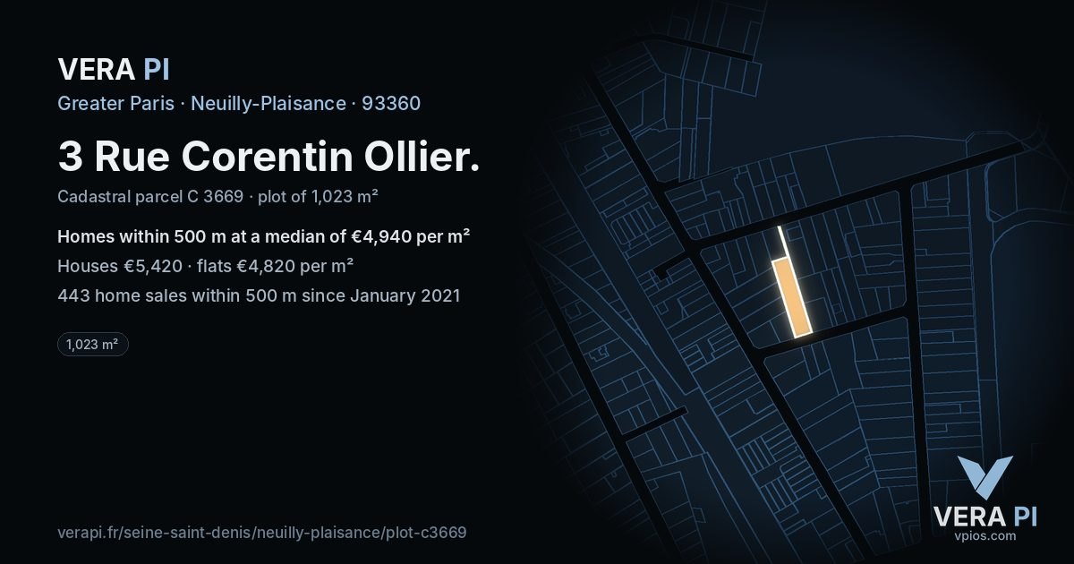 3 Rue Corentin Ollier, Neuilly-Plaisance at night – the plot lit, the parcels around coloured by the prices near them