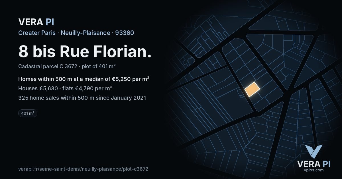 8 bis Rue Florian, Neuilly-Plaisance at night – the plot lit, the parcels around coloured by the prices near them