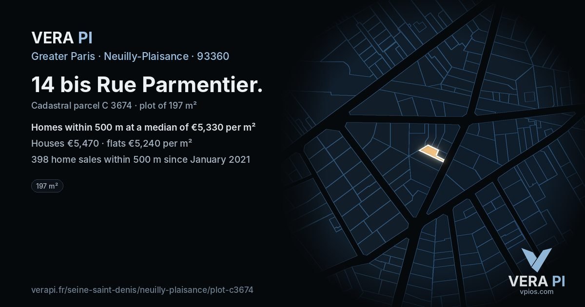 14 bis Rue Parmentier, Neuilly-Plaisance at night – the plot lit, the parcels around coloured by the prices near them