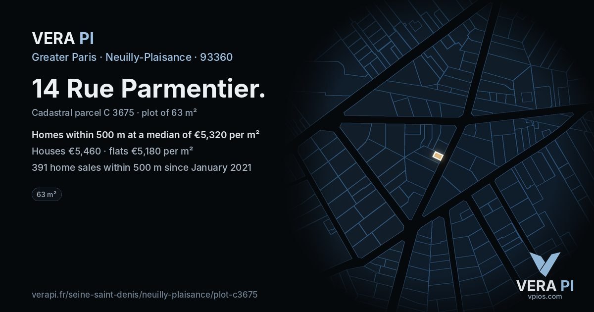 14 Rue Parmentier, Neuilly-Plaisance at night – the plot lit, the parcels around coloured by the prices near them
