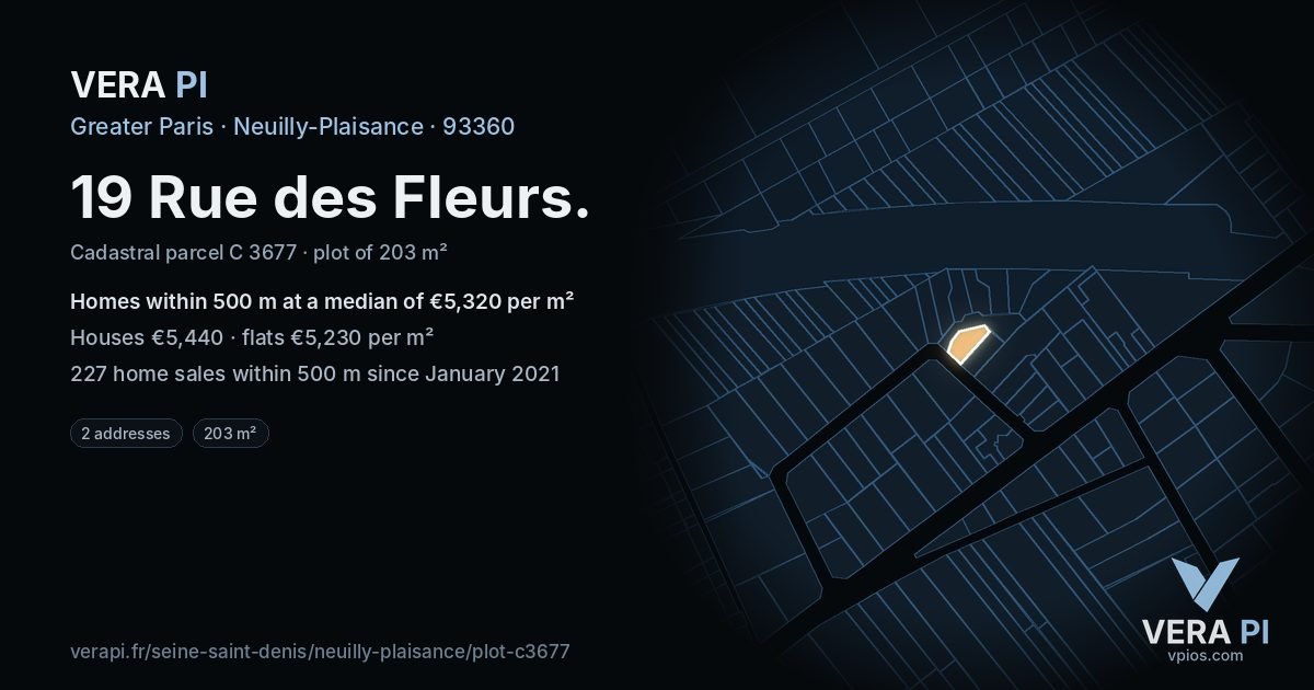 19 Rue des Fleurs, Neuilly-Plaisance at night – the plot lit, the parcels around coloured by the prices near them
