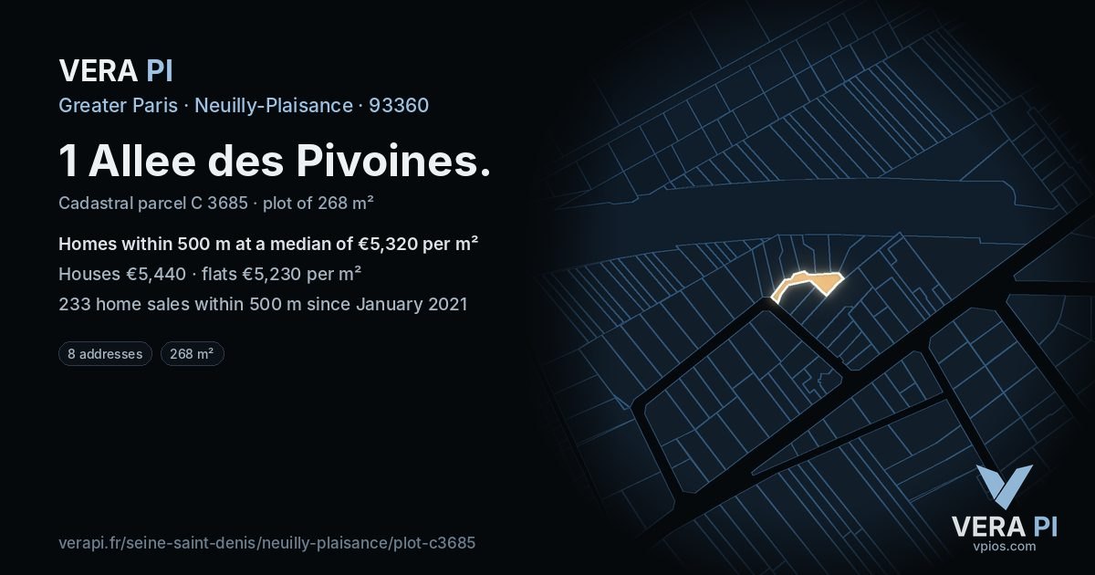 1 Allee des Pivoines, Neuilly-Plaisance at night – the plot lit, the parcels around coloured by the prices near them