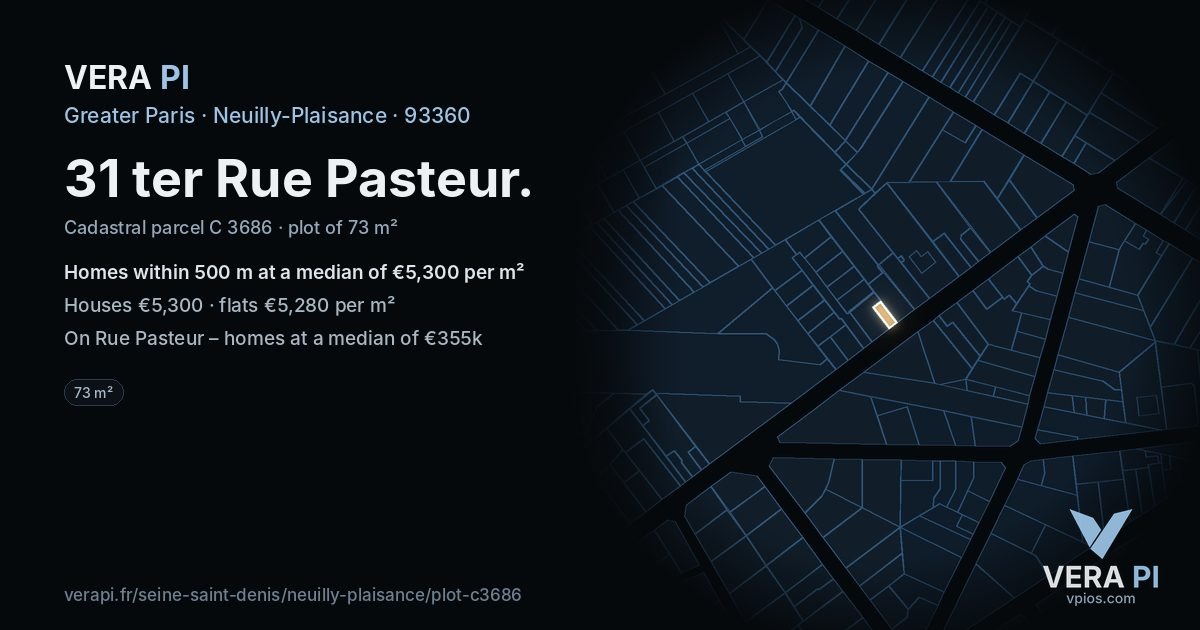 31 ter Rue Pasteur, Neuilly-Plaisance at night – the plot lit, the parcels around coloured by the prices near them
