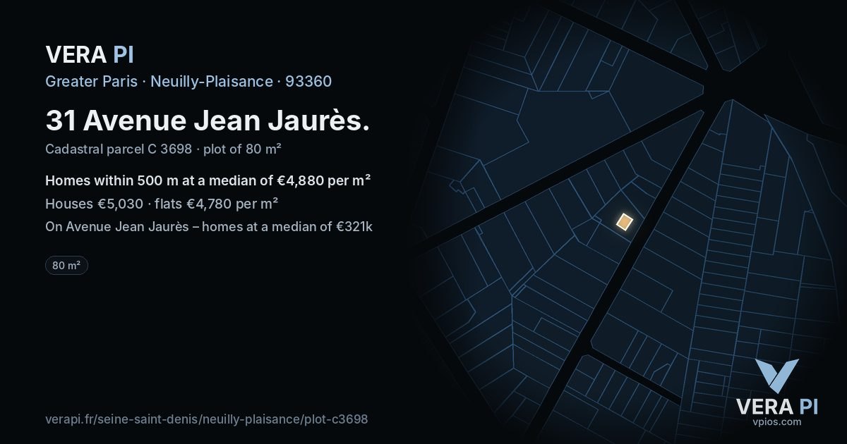 31 Avenue Jean Jaurès, Neuilly-Plaisance at night – the plot lit, the parcels around coloured by the prices near them