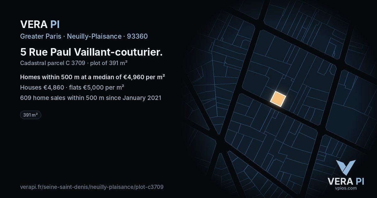 5 Rue Paul Vaillant-couturier, Neuilly-Plaisance at night – the plot lit, the parcels around coloured by the prices near them