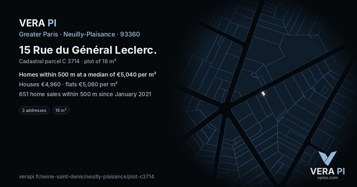 15 Rue du Général Leclerc, Neuilly-Plaisance at night – the plot lit, the parcels around coloured by the prices near them