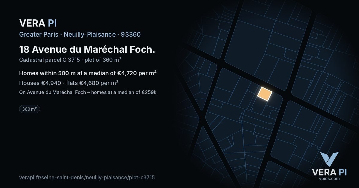 18 Avenue du Maréchal Foch, Neuilly-Plaisance at night – the plot lit, the parcels around coloured by the prices near them
