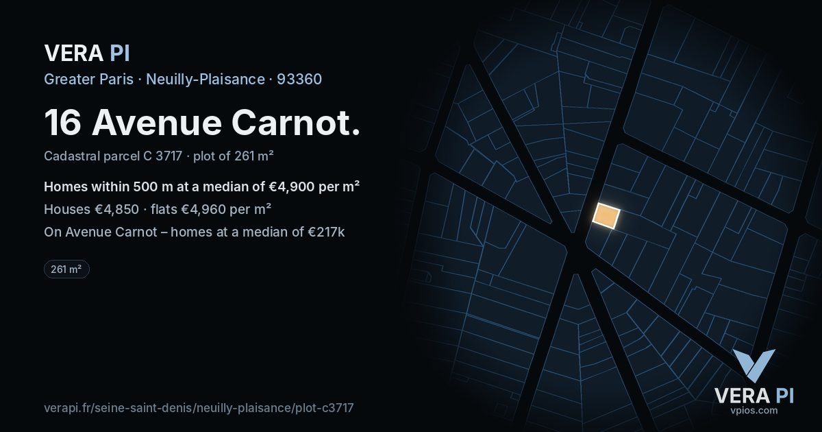16 Avenue Carnot, Neuilly-Plaisance at night – the plot lit, the parcels around coloured by the prices near them